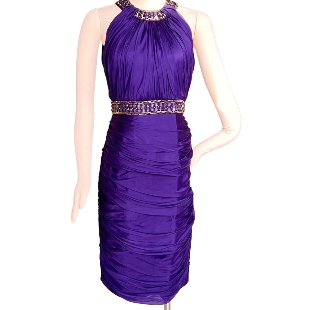 Carmen Marc Valvo Silk Purple Beaded Halter Ruched Cocktail Dress Size 8
